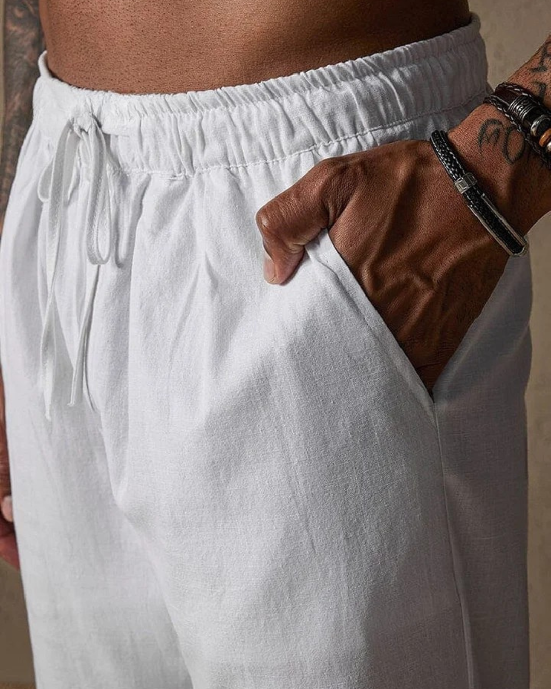 Calças de linho de corte reto para homem com cintura ajustável